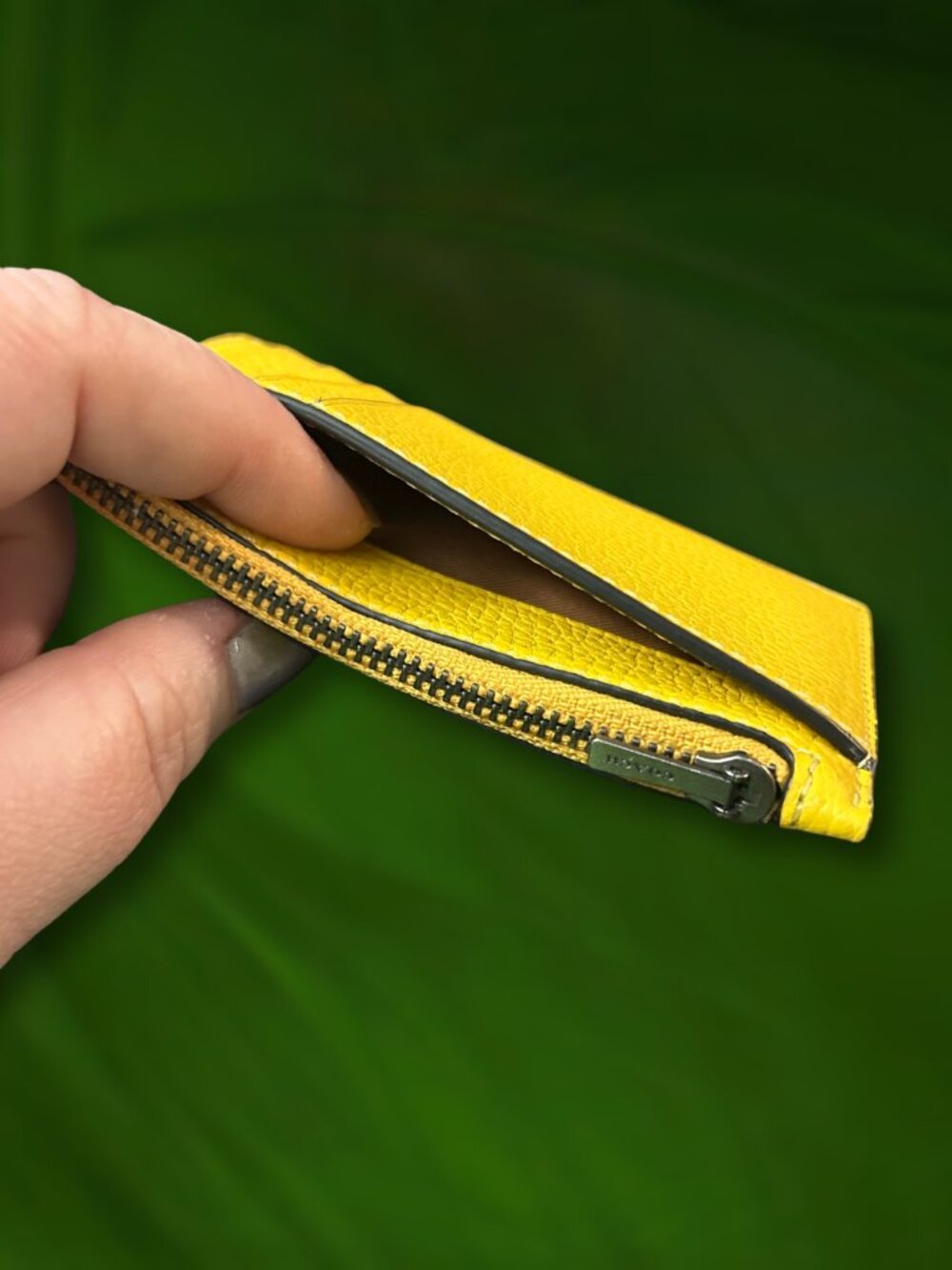 Coach Thrompe L'oeil Print Yellow Leather Zip Card Case with Painted Dog Tags - Picture 8 of 9
